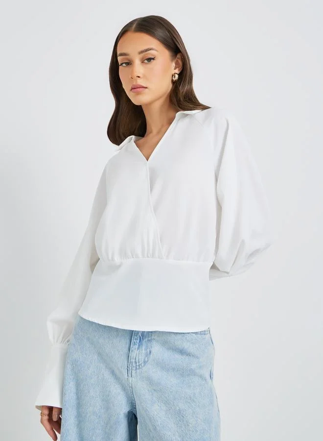 Styli Styli Cuffed Long Sleeve Collared Wrap Blouse
