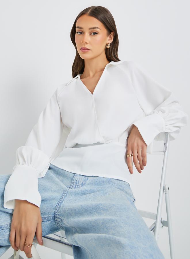 ستايلي بلوزة ملفوفة بأكمام طويلة وياقة وأساور - Image 3