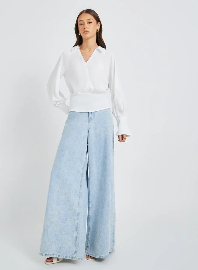 Styli Cuffed Long Sleeve Collared Wrap Blouse