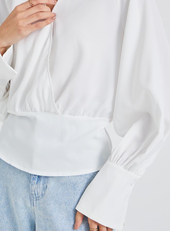 ستايلي بلوزة ملفوفة بأكمام طويلة وياقة وأساور - Image 4