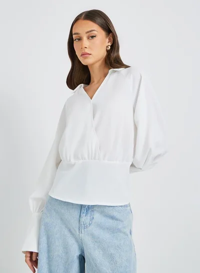 Styli Cuffed Long Sleeve Collared Wrap Blouse