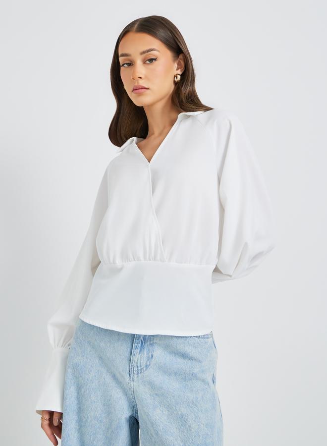 ستايلي بلوزة ملفوفة بأكمام طويلة وياقة وأساور - Image 1