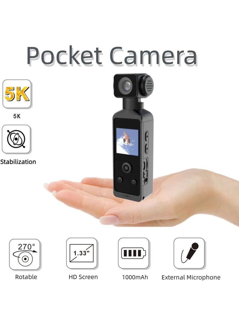 Generic Handheld 5K Video Camera Camcorder, UHD 5K 30fps WiFi Pocket Digital Camera, 6-Axis Gyroscope Vlogging Camera with 1.33-inch Screen, 270° Rotable Lens, Mic Included, IP8 Water Proof, for Photography  - Image 4