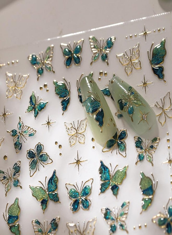 5D Butterfly Nail Art Stickers Spring Summer Embossed Nail Stickers Gold Green Butterfly Stars Nail Decals Design 1PCS DIY Self Adhesive Nail Art Supplies for Women Manicure Decoration Accessories - Image 1