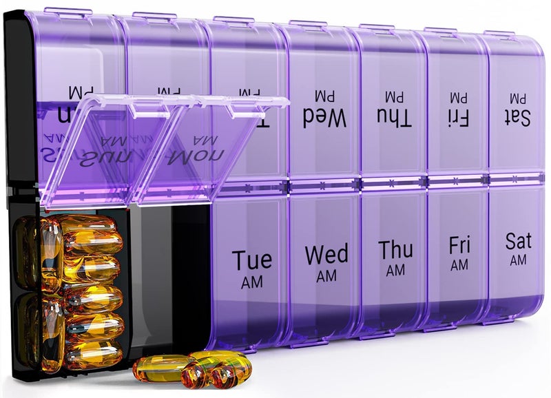 Weekly AM PM Extra Large Pill Organizer 7 Day Pill Case 2 Times a Day XL Day Night Pill Case Twice a Day Oversized Daily Medicine Organizer for Vitamin Pill Container Purple