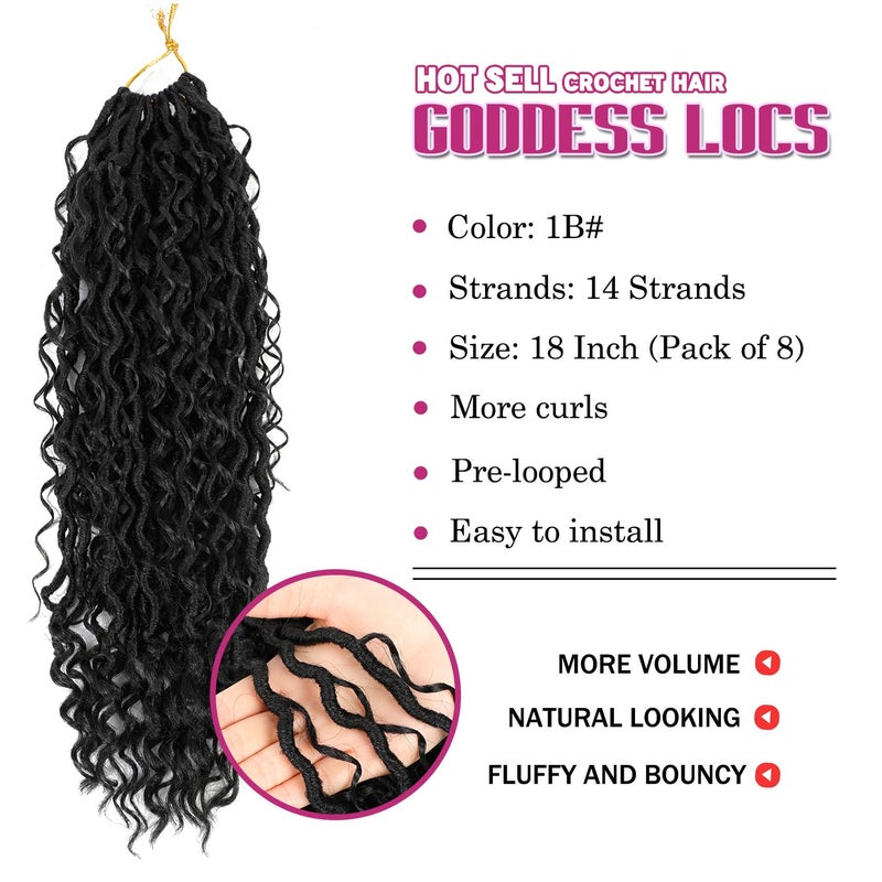SAMBRAID 8 Packs Goddess Faux Locs Crochet Hair for Black Women,Natural Black Goddess Locs Crochet Hair, Boho Style Locs, River Hair with Curly Ends (18Inch, 1B#, 8Packs) - Image 2