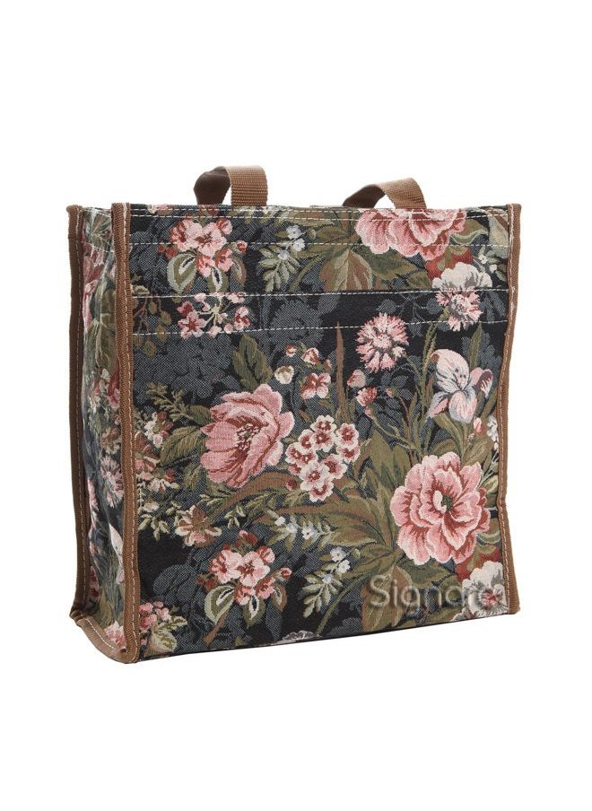 Signare - Tapestry Navy & Pink Women's Shopping Tote Bag in Peony Design (SHOP-PEO) - Image 1