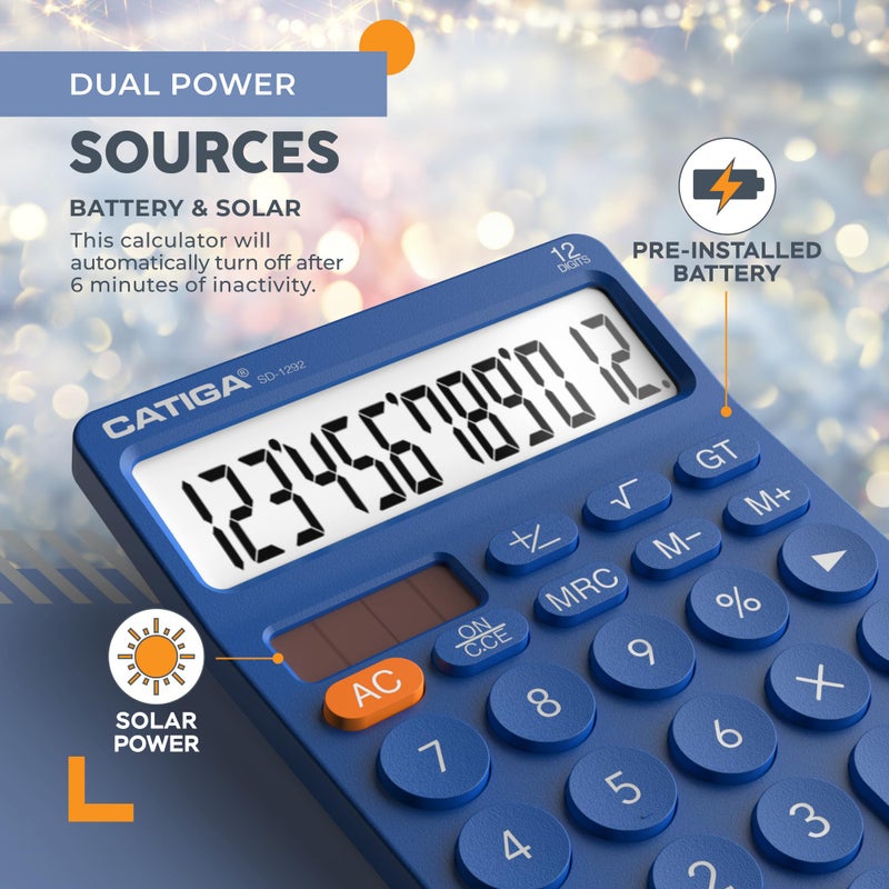 Catiga 12 Digit Desktop Calculator Basic Desk Calculator With Large Lcd Display  Big Buttons  4 Function  Solar And Battery Dual Power  For Office  School  Home  Sd-1292 Navy Blue - Image 5