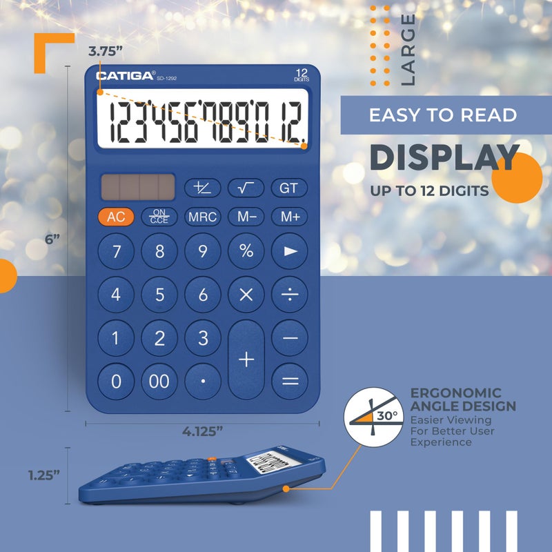Catiga 12 Digit Desktop Calculator Basic Desk Calculator With Large Lcd Display  Big Buttons  4 Function  Solar And Battery Dual Power  For Office  School  Home  Sd-1292 Navy Blue - Image 4