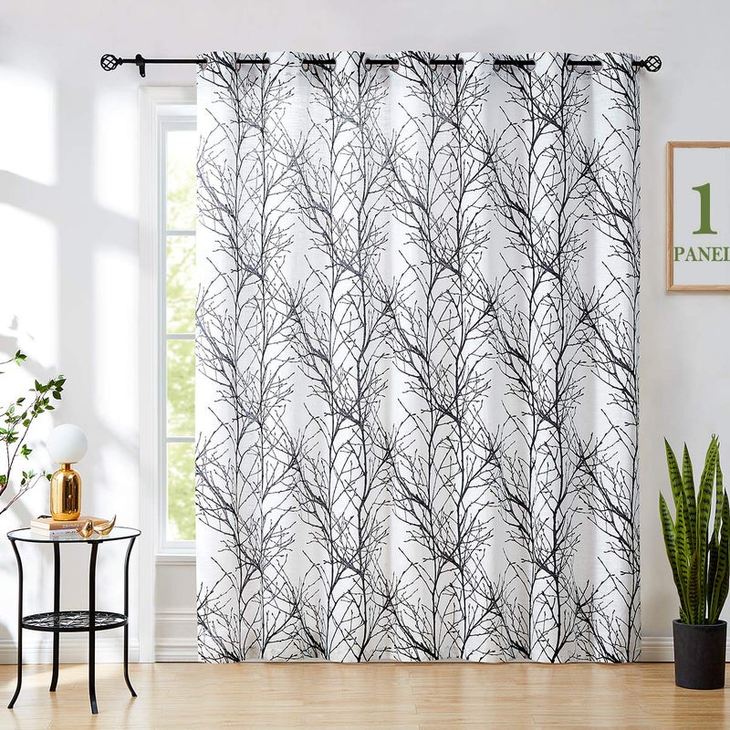 FMFUNCTEX Tree Print Semi-Sheer Patio Door Curtain 96inches Black Branch White Sliding Door Curtains Extra Wide Privacy Semi Sheer Glass Door Curtain  Linen Texture Curtains Grommet Top 1 pc 8ft - Image 1