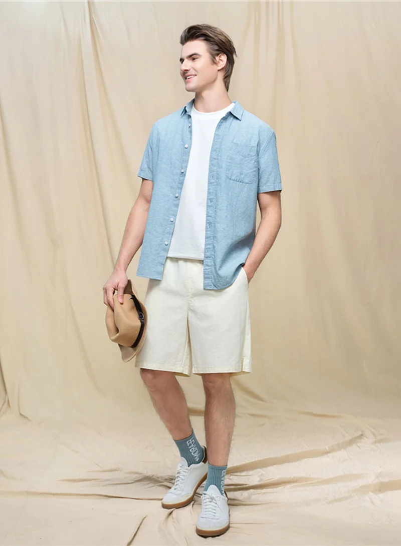 جيوردانو Men's Slim Linen Cotton Short-Sleeve Shirt