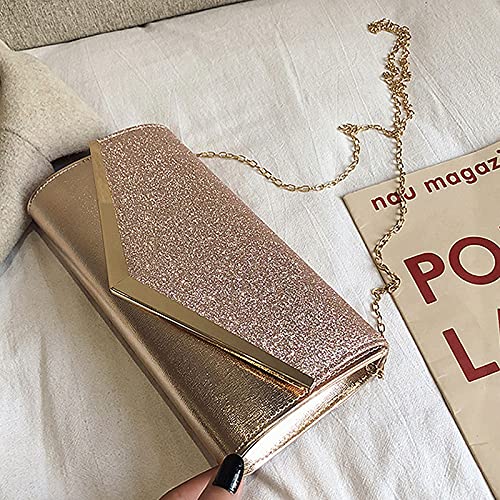 Queena Womens Shiny Sequins Evening Clutch Envelope Handbag Chain Purse for Wedding Party Prom Gift for Mom Wife Girlfriend Rose Gold - Image 3
