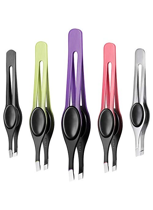 Chumia Chumia 5 Pieces NonSlip Grip Tweezers Slanted Tip Stainless Steel Tweezer Wide Precision Tip Clip Tweezer for Ingrown Hair Eyebrow Shaping Splinter Blackhead Remover Black Rubber Grip 