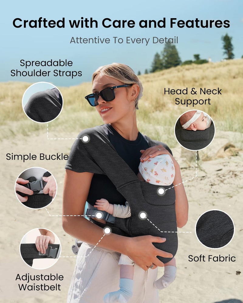 KIDIRA Newborn Carrier Cozy Baby Carrier Ergonomic CrossBack Wrap HandsFree with Supportive Comfort Deep Grey - Image 3