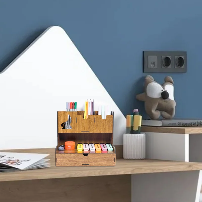 Notpa Desktop Pen Holder Organizer with Drawer and Gray Wolf Figure, Walnut Assembled Product