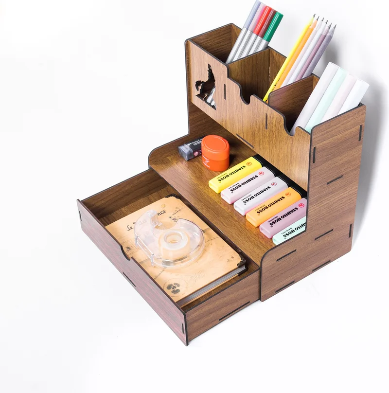 Notpa Desktop Pen Holder Organizer with Drawer and Gray Wolf Figure, Walnut Assembled Product