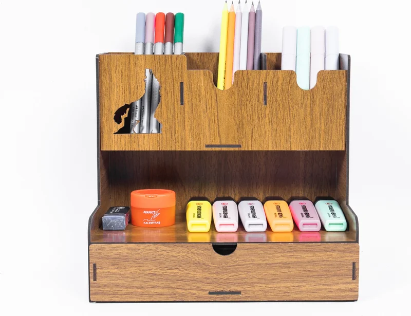 Notpa Desktop Pen Holder Organizer with Drawer and Gray Wolf Figure, Walnut Assembled Product