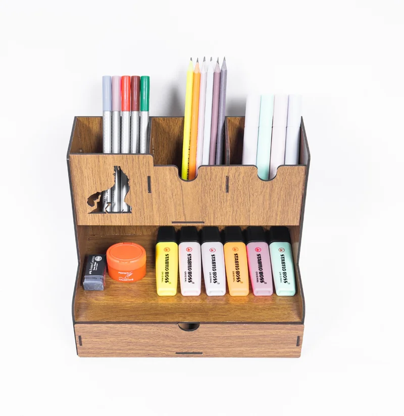 Notpa Desktop Pen Holder Organizer with Drawer and Gray Wolf Figure, Walnut Assembled Product