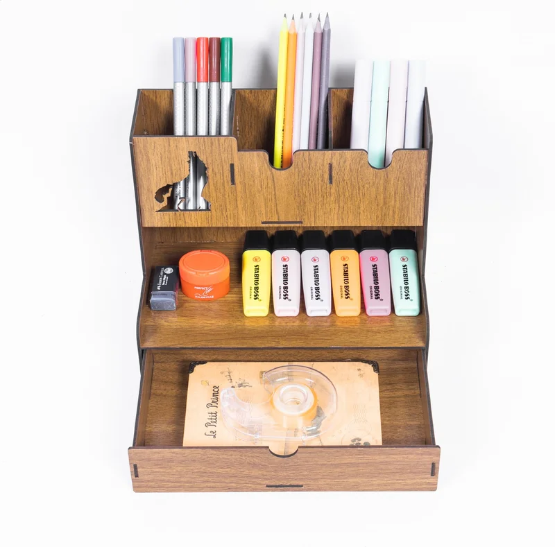 Notpa Desktop Pen Holder Organizer with Drawer and Gray Wolf Figure, Walnut Assembled Product