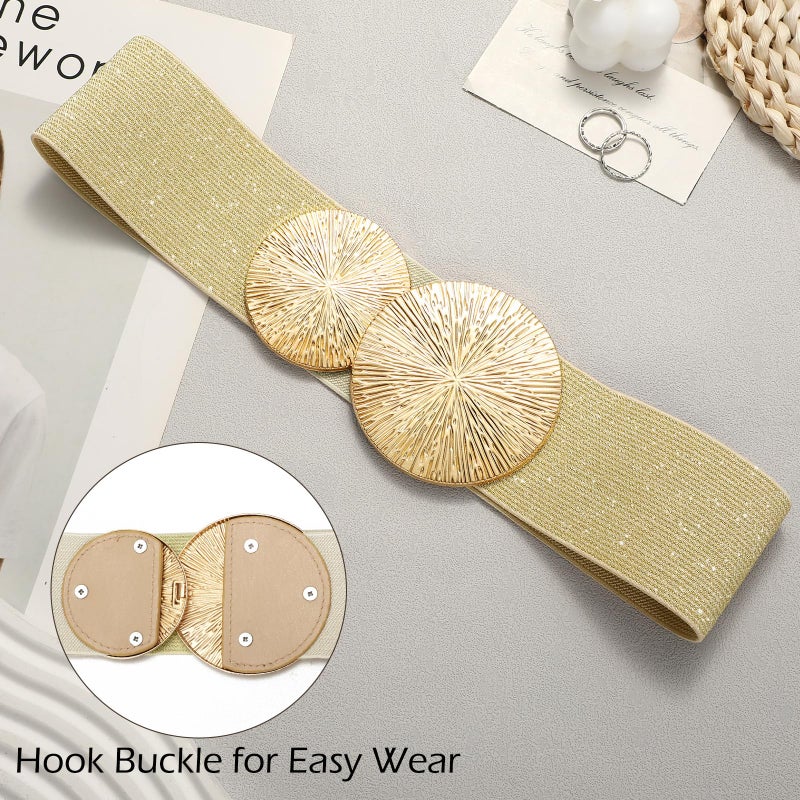 VONMELLI Wide Stretchy Gold Belts for Women Dresses Elastic Waist Cinch Womens Belt with Gold Buckle, M - Image 3