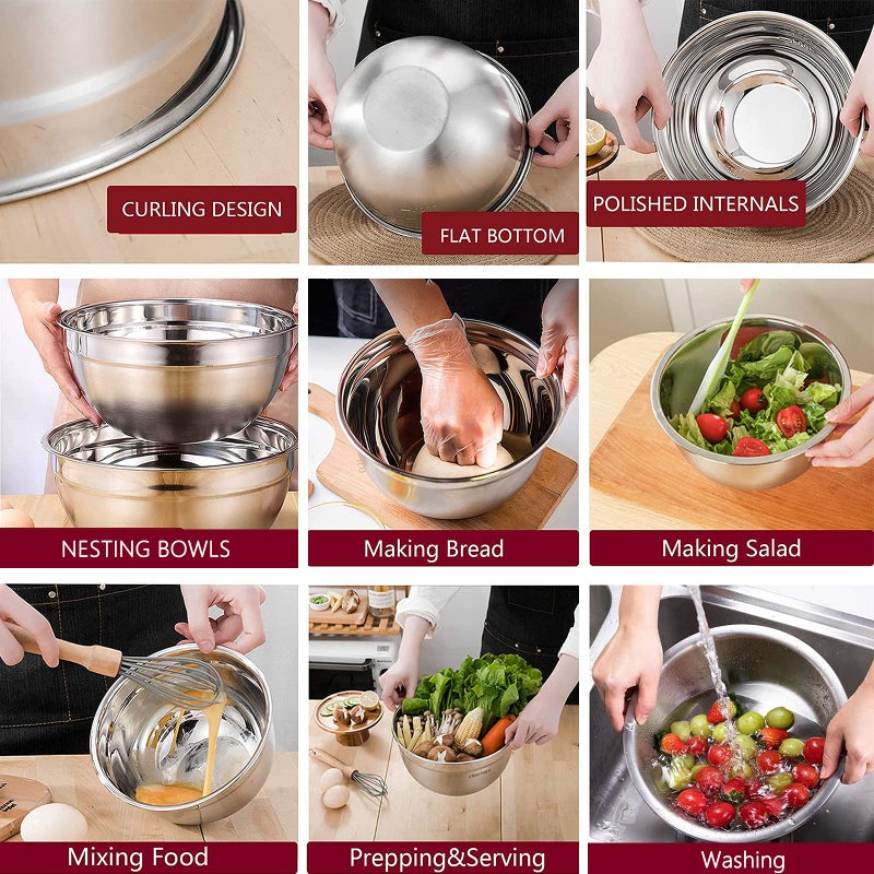 MIKULA Mixing Bowls Set, 22PCS Large Stainless Steel Mixing Bowl with Lids Set, Large Nesting Bowls 7/6/4.5/3.5/2.5QT, Measuring Cups and Spoons Baking Storage Metal Bowl for Kitchen Prep Supplies - Image 3