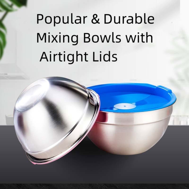 MIKULA Mixing Bowls Set, 22PCS Large Stainless Steel Mixing Bowl with Lids Set, Large Nesting Bowls 7/6/4.5/3.5/2.5QT, Measuring Cups and Spoons Baking Storage Metal Bowl for Kitchen Prep Supplies - Image 5