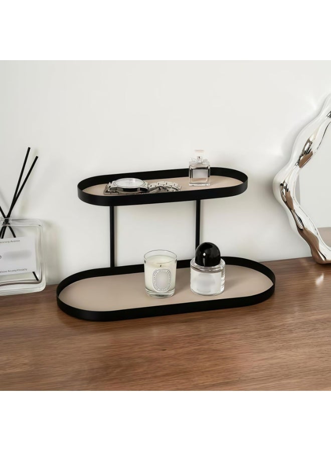 هومستر طبق تنظيم من حديد مطاوع بطبقتين، صندوق تخزين زخرفي بيضاوي باللون الأسود للحمام والمكتب والمطبخ - مقاوم للصدأ - Image 1