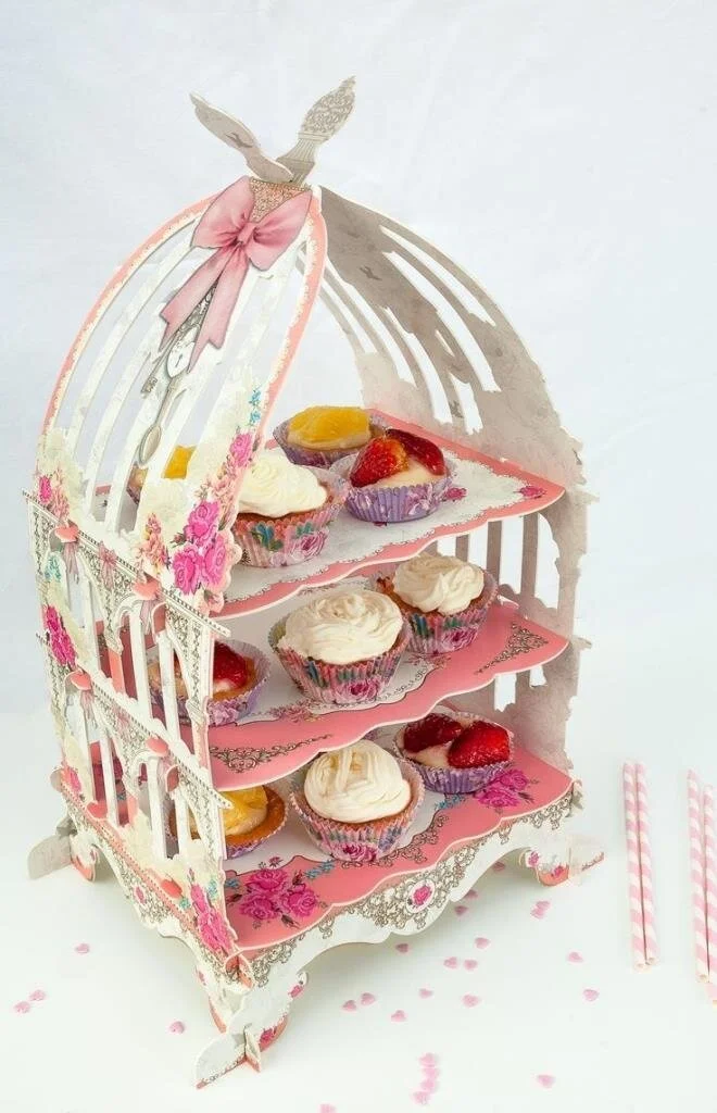 Hobs Muffin Cupcake Cookie Mini Cake Cake Service Presentation Stand Bird Cage Pink Presentation Holder 3 Tiers