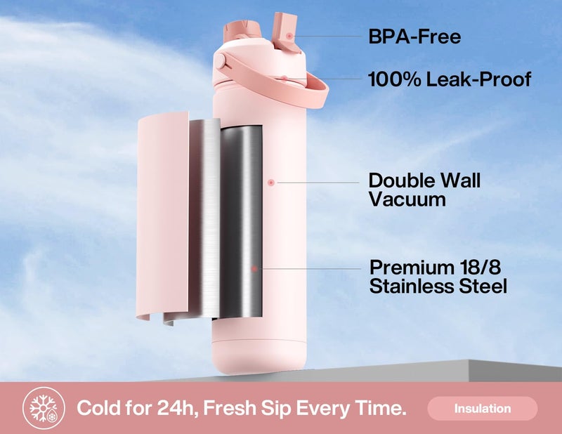 POWCAN 26 oz Insulated Water Bottle with 2-in-1 Straw and Spout Lid, Keep Cold 24H, Leak-Proof, Fits in Car Cup Holder, Stainless Steel Water Bottle for Gift, Gym, Travel and Home (Ivory Porcelain) - Image 3