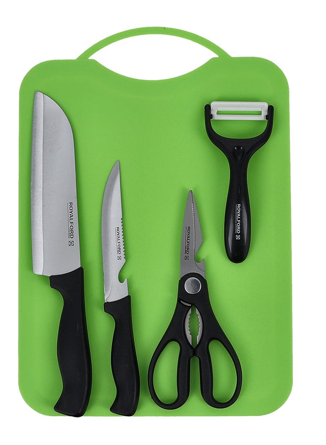 Royalford 5-Piece Stainless Steel Kitchen Gadget Set Includes 2 Knife Set 1xPeeler 1xScissor And Cutting All-In-1 Kitchen Set Black/Green/Silver - Image 4