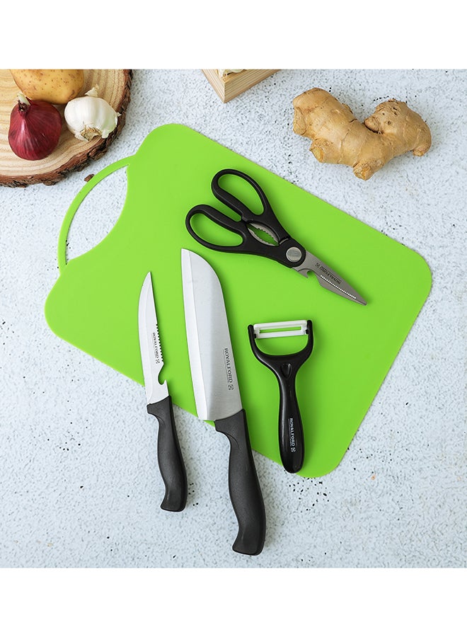 Royalford 5-Piece Stainless Steel Kitchen Gadget Set Includes 2 Knife Set 1xPeeler 1xScissor And Cutting All-In-1 Kitchen Set Black/Green/Silver - Image 1