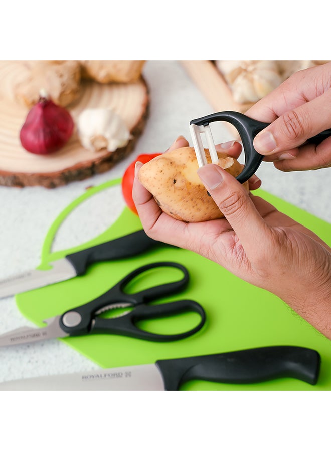 Royalford 5-Piece Stainless Steel Kitchen Gadget Set Includes 2 Knife Set 1xPeeler 1xScissor And Cutting All-In-1 Kitchen Set Black/Green/Silver - Image 5