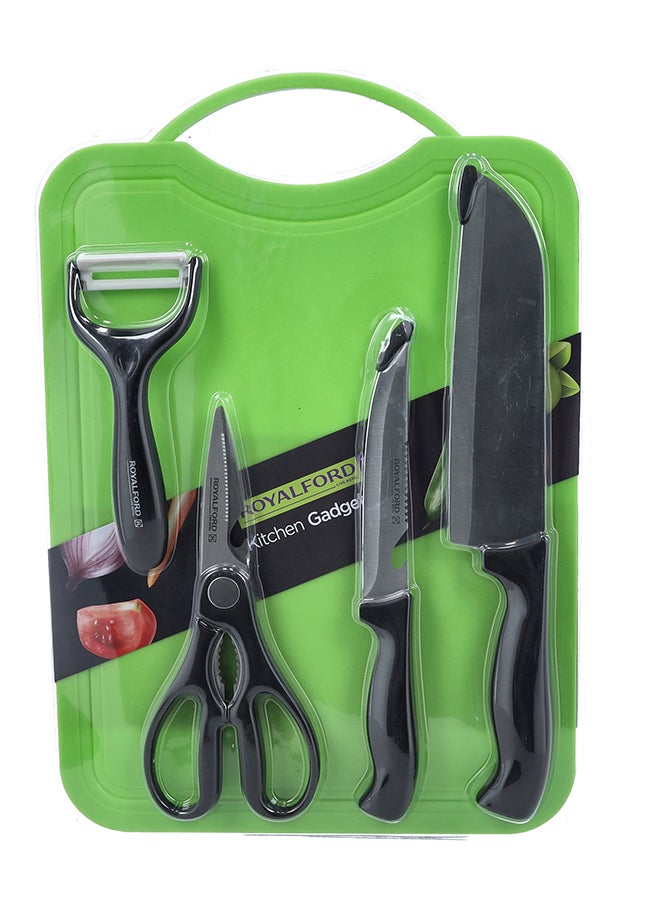 Royalford 5-Piece Stainless Steel Kitchen Gadget Set Includes 2 Knife Set 1xPeeler 1xScissor And Cutting All-In-1 Kitchen Set Black/Green/Silver - Image 2