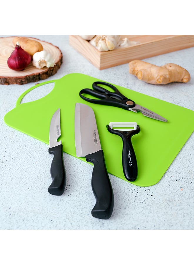Royalford 5-Piece Stainless Steel Kitchen Gadget Set Includes 2 Knife Set 1xPeeler 1xScissor And Cutting All-In-1 Kitchen Set Black/Green/Silver - Image 3