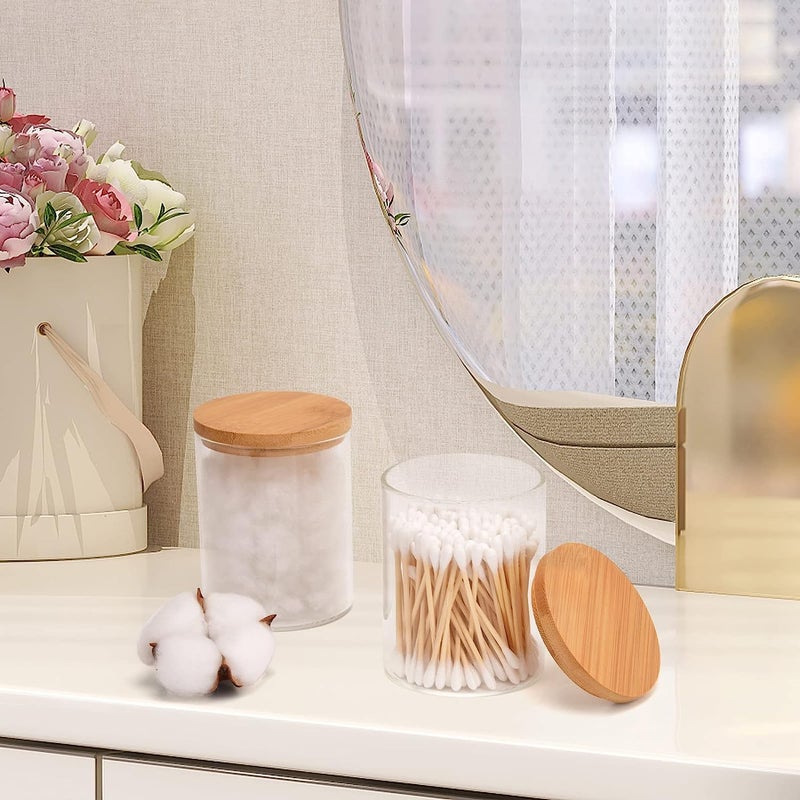 BIG CART BIG CART 2 Pcs Glass Qtip Holder with Wood Lids 16 oz Apothecary Jars Cotton Swabs Dispenser Cotton Pads Canister for Bathroom Storage Organizer  - Image 3