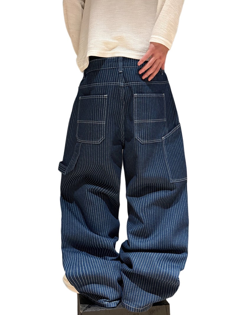 Men'S Loose Denim Jeans | Trendy Blue Striped Straight-Leg, All-Season Versatile Pants, Y2K American Street Style, Non-Stretch Fabric, Comfort Fit For Daily\u002FCommute\u002FOutdoor Use, Mu - Image 1
