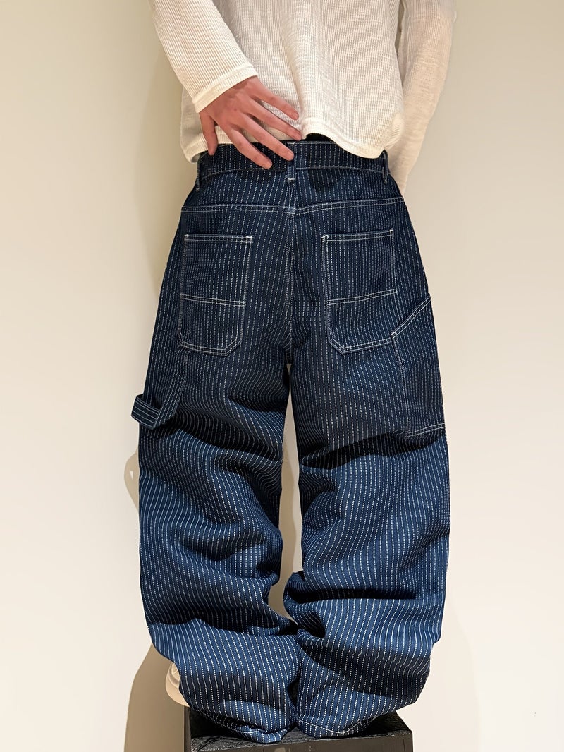 Men'S Loose Denim Jeans | Trendy Blue Striped Straight-Leg, All-Season Versatile Pants, Y2K American Street Style, Non-Stretch Fabric, Comfort Fit For Daily\u002FCommute\u002FOutdoor Use, Mu - Image 3