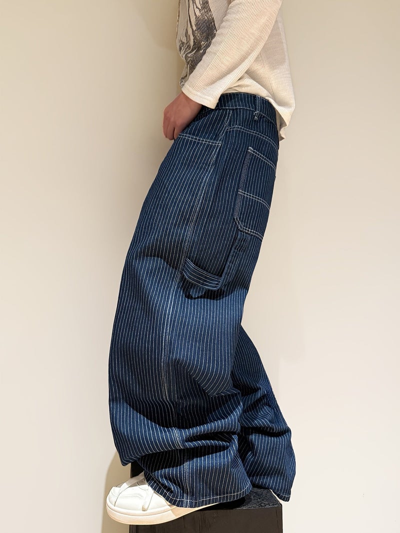 Men'S Loose Denim Jeans | Trendy Blue Striped Straight-Leg, All-Season Versatile Pants, Y2K American Street Style, Non-Stretch Fabric, Comfort Fit For Daily\u002FCommute\u002FOutdoor Use, Mu - Image 5