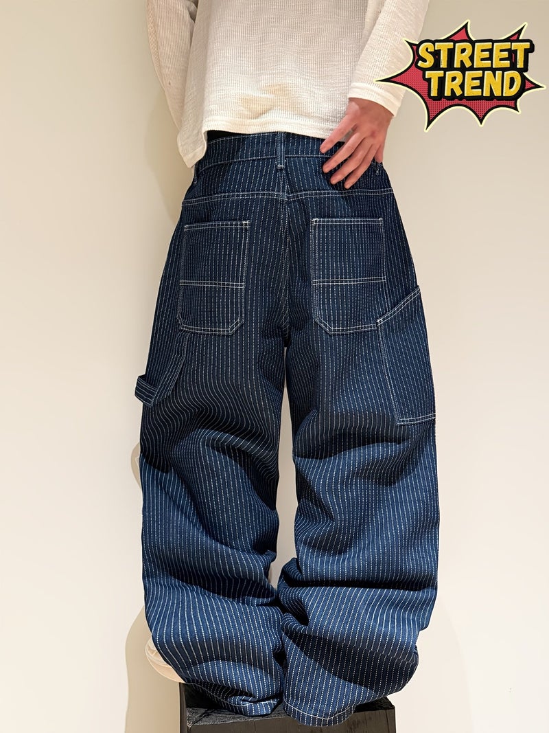 Men'S Loose Denim Jeans | Trendy Blue Striped Straight-Leg, All-Season Versatile Pants, Y2K American Street Style, Non-Stretch Fabric, Comfort Fit For Daily\u002FCommute\u002FOutdoor Use, Mu - Image 2