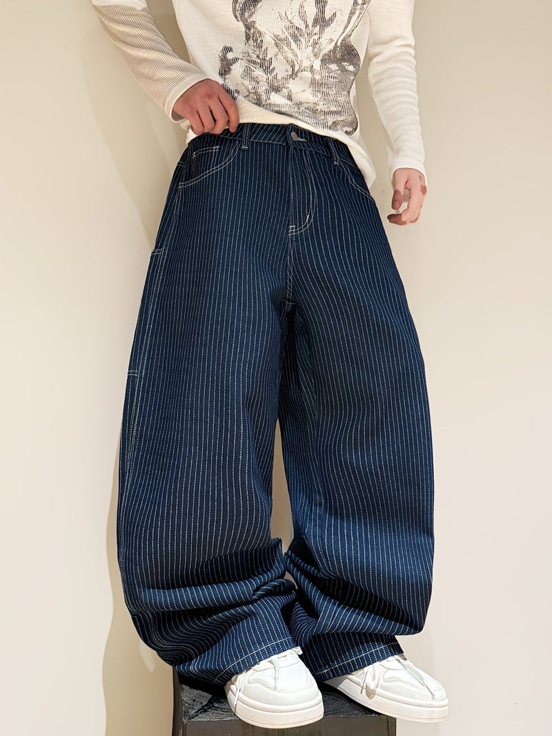 Men'S Loose Denim Jeans | Trendy Blue Striped Straight-Leg, All-Season Versatile Pants, Y2K American Street Style, Non-Stretch Fabric, Comfort Fit For Daily\u002FCommute\u002FOutdoor Use, Mu - Image 4