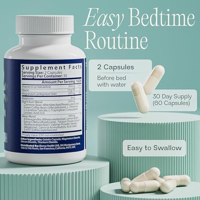 BIOMA Night Metabolism & Sleep - Supports Digestion, Energy Metabolism & Restful Sleep with Melatonin, Vitamin D, Magnesium & More - 60 Capsules (30-Day Supply) - Image 4