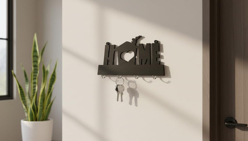 HFR Artech MDF Wall Decor Key Hanger Rustic House with Warm Heart with 4 Hooks 25x15cm Magic Hanging Strong Double Face Adhesive No Nails No Crushing 1 Piece Black - Image 5