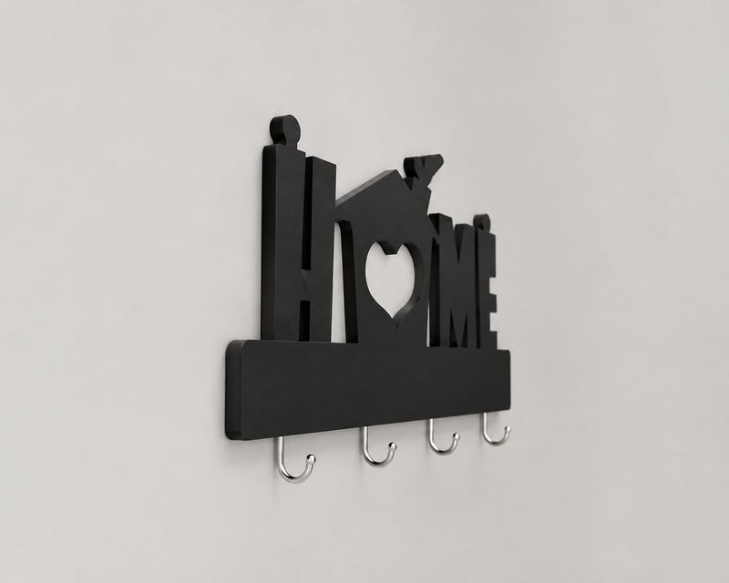 HFR Artech MDF Wall Decor Key Hanger Rustic House with Warm Heart with 4 Hooks 25x15cm Magic Hanging Strong Double Face Adhesive No Nails No Crushing 1 Piece Black - Image 2