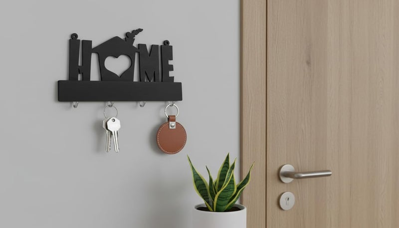 HFR Artech MDF Wall Decor Key Hanger Rustic House with Warm Heart with 4 Hooks 25x15cm Magic Hanging Strong Double Face Adhesive No Nails No Crushing 1 Piece Black - Image 3