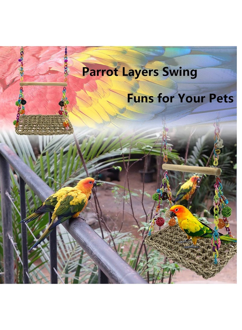 Excefore Bird Seagrass Swing Toys with Wood Perch Bird Parrot Trapeze Swing Seagrass Bird Climbing Hammock Bird Perch Stand Chewing Toy for Lovebird, Cockatiel, Budgie, Conure Parrotlet - Image 5