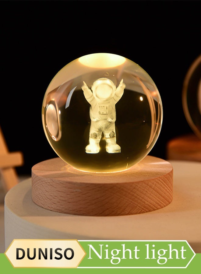 DUNISO 3D Crystal Ball Night Light, 6cm Led Wood Based Glass Ball Light, Children's Bedside Table Warm Night Light, Suitable For Desktop, Bedroom, Study, Living Room - Image 1