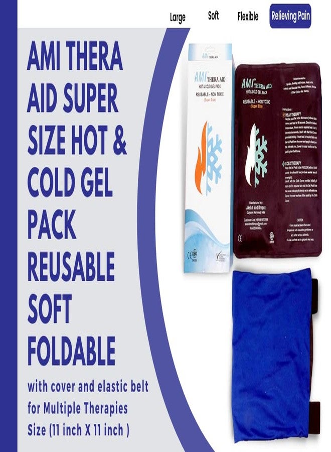 AMI Thera Aid Hot & Cold Gel Pack Super Size 11x11 inch Reusable Soft Foldable CE ISO Certified with cover and elastic belt for Multiple Therapies (Blue/Navy Blue) - Image 3