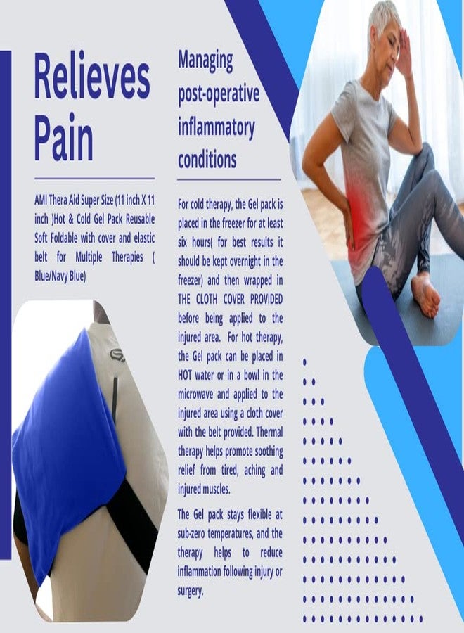 AMI Thera Aid Hot & Cold Gel Pack Super Size 11x11 inch Reusable Soft Foldable CE ISO Certified with cover and elastic belt for Multiple Therapies (Blue/Navy Blue) - Image 5