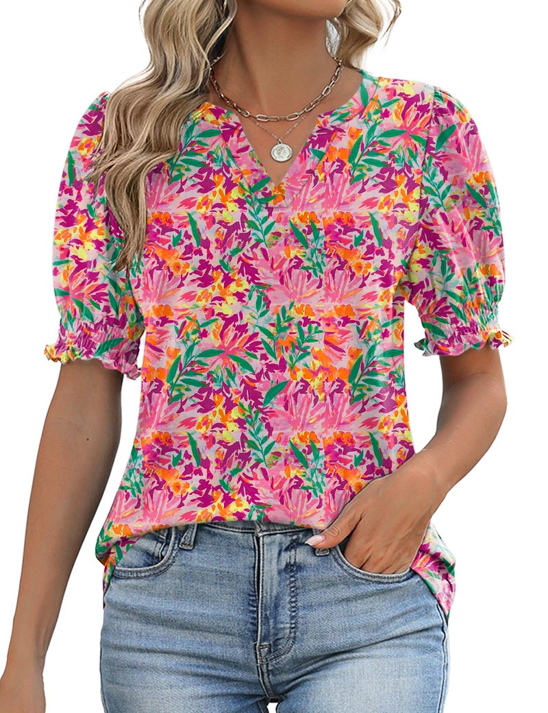 Rapbin Women's Summer Shirts Casual Puff Short Sleeve Tops Floral Print V Neck T-Shirts Blouses 2026 - Image 1