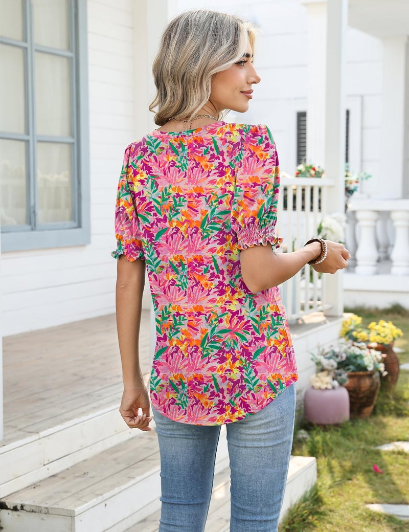 Rapbin Women's Summer Shirts Casual Puff Short Sleeve Tops Floral Print V Neck T-Shirts Blouses 2026 - Image 4